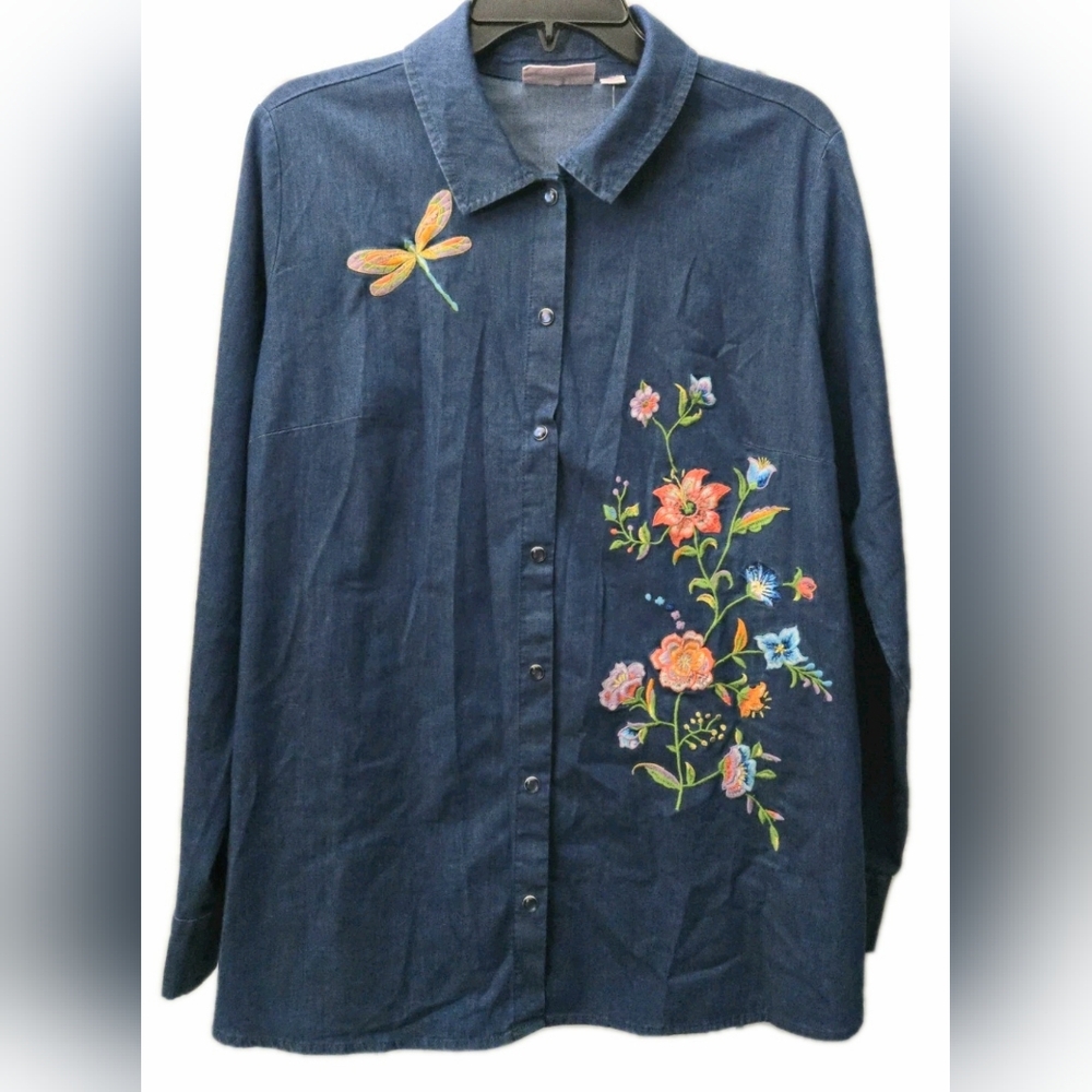 Quacker Factory Embroidered Floral Denim Button Up - Size M